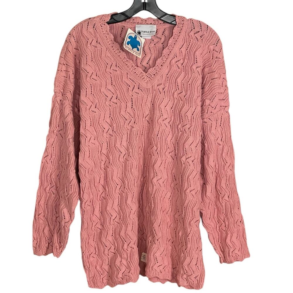Vintage Womens NWT 1980s OSFM Turtle Bay Pink Cotton V Neck Pullover Sweater
